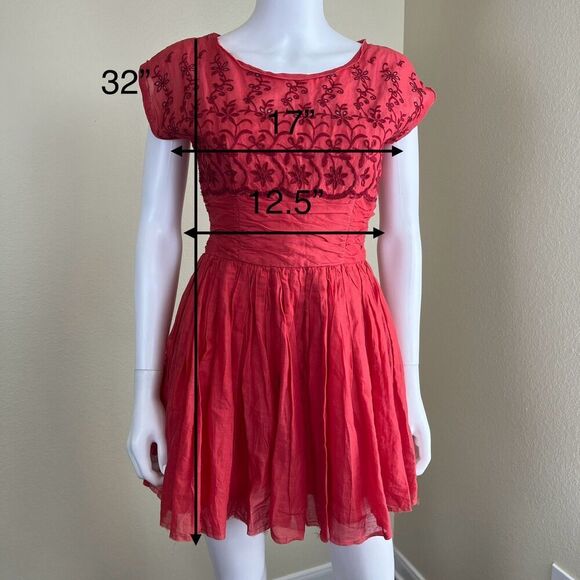 Free People Women's Size 2 Rose Garden Eyelet Embroidered Red Poppy Mini Dress - Picture 8 of 16